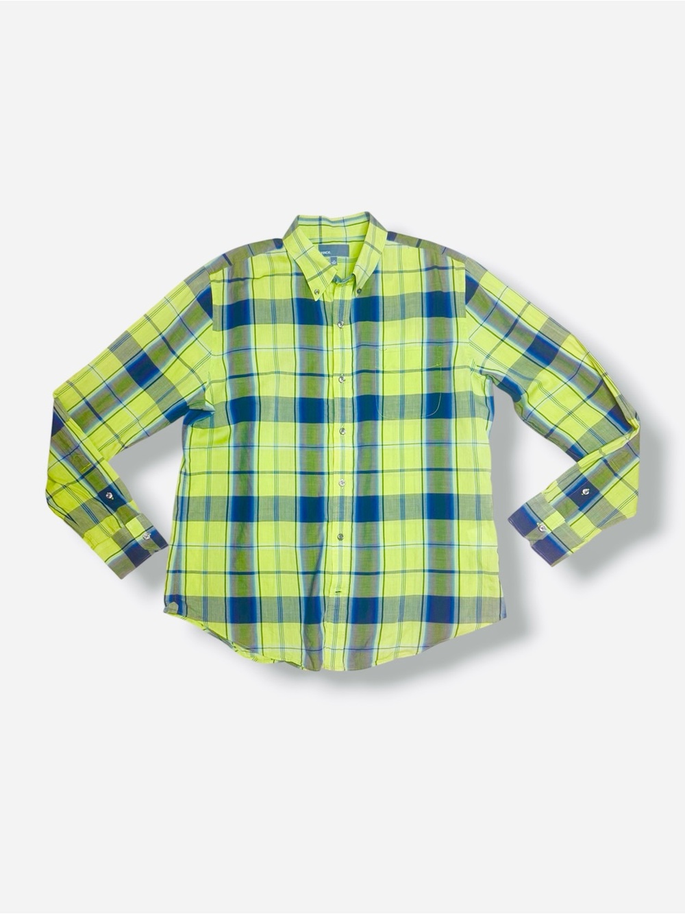 Vince Men's Lime Green Plaid Button-Up Shirt 100% cotton L large